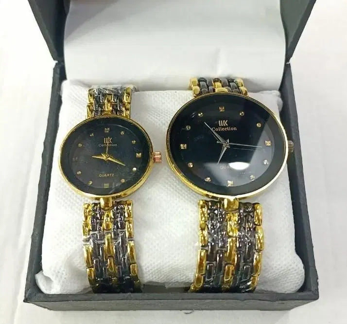 Look loom couple matching watches set with gold and silver metal bands in a black gift box