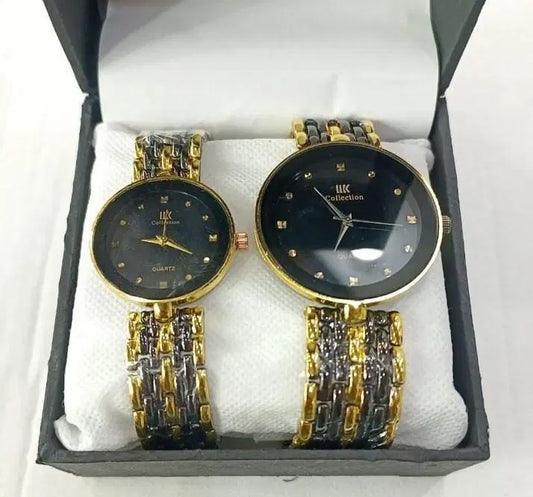 Look loom couple matching watches set with gold and silver metal bands in a black gift box