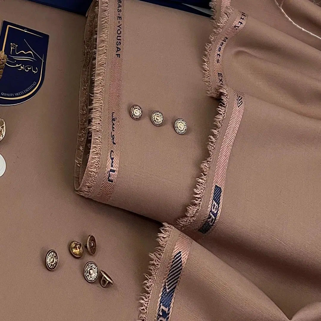 Look loom mens unstitched suit fabric in beige with decorative buttons and fringed edges