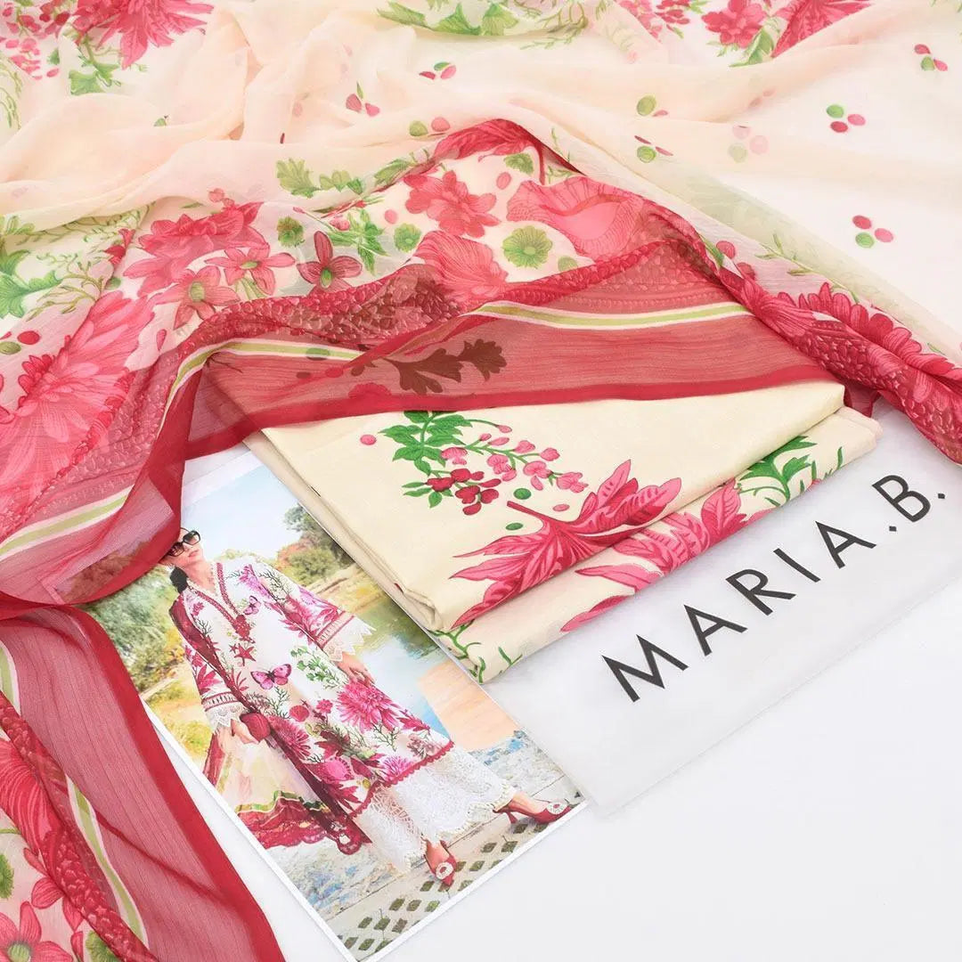 Look loom women suit with 3 piece unstitched dress material featuring floral patterns in red and cream