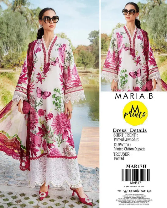 Look loom women suit featuring 3 piece unstitched dress material with printed floral lawn shirt and chiffon dupatta