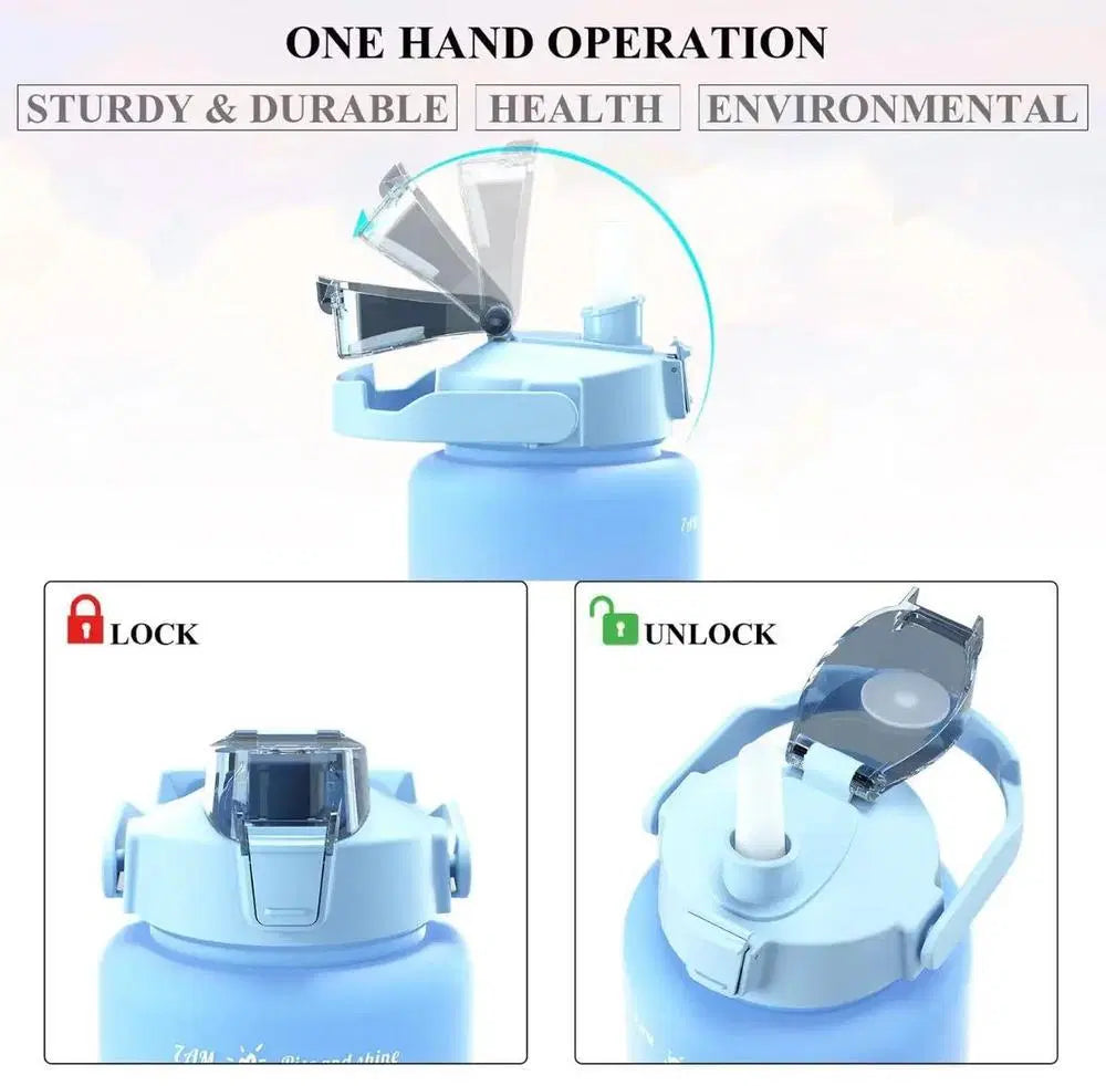 Light blue Look Loom motivational gym water bottles with one hand operation and secure lock lid
