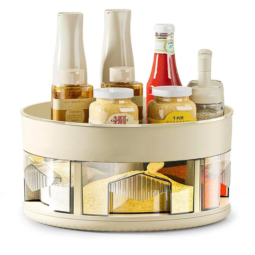 Look Loom multifunctional kitchen spice rack with rotating compartments and condiment bottles in beige