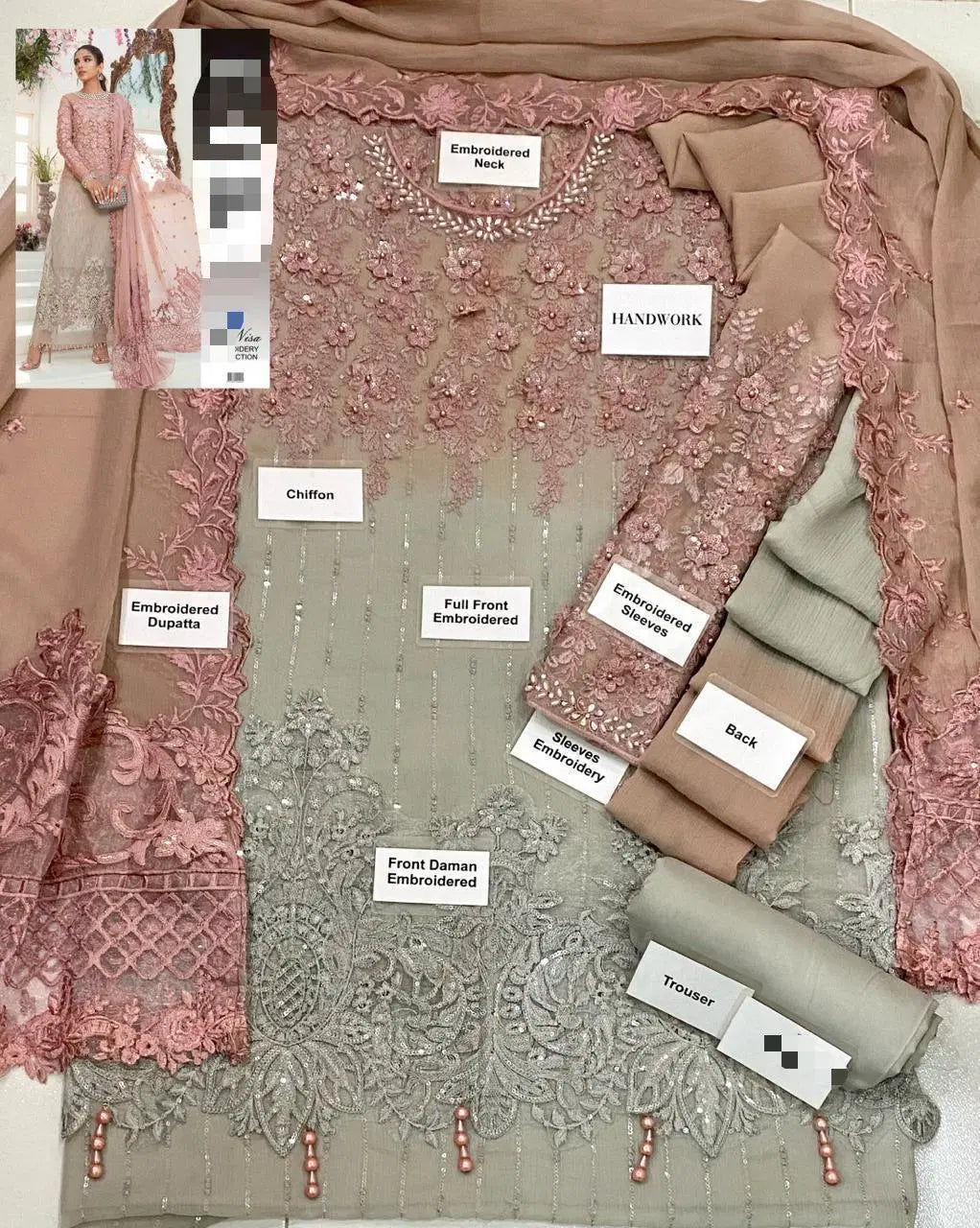 Look loom pink chiffon embroidered suit with detailed handwork and full front embroidery for women