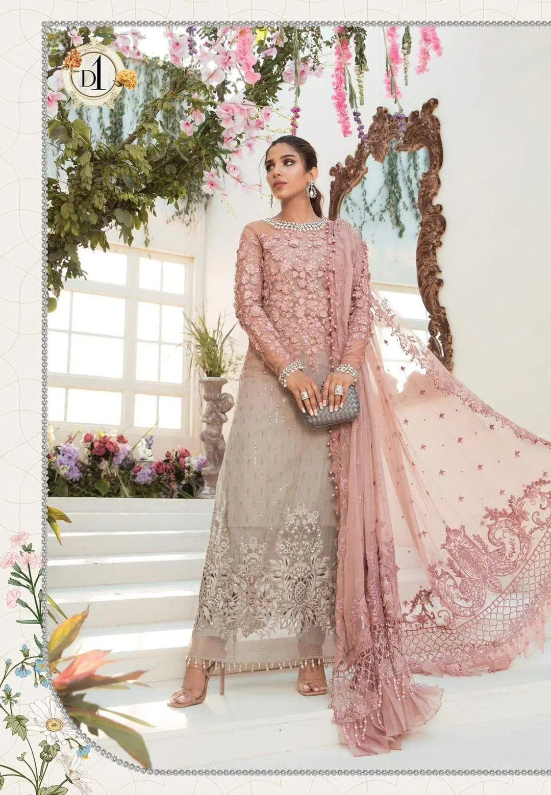 Look loom pink chiffon embroidered suit worn by woman with detailed embroidery and sheer dupatta