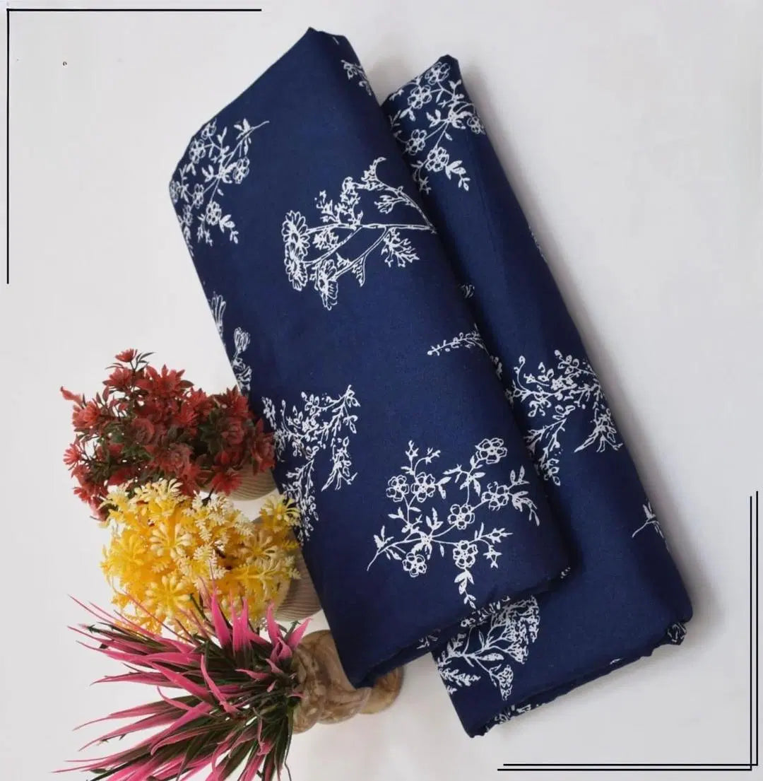 Look loom 2 piece cotton dress material for women in navy blue with white floral print