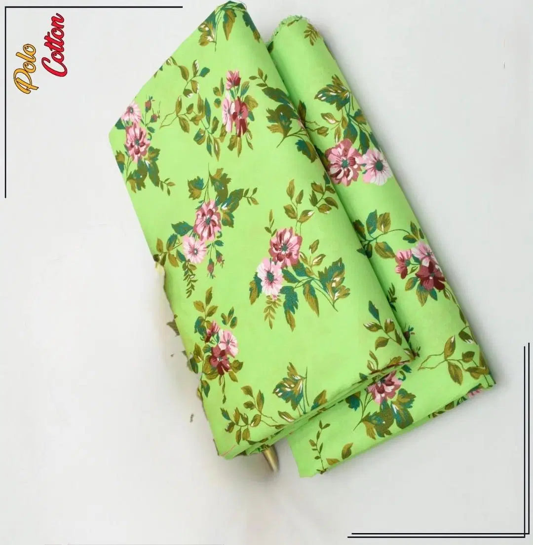 Look loom printed cotton suit fabric for women in light green with pink floral design
