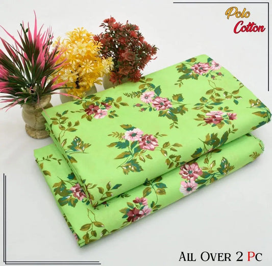 Look loom printed cotton suit fabric for women in green with pink floral design and leaves pattern