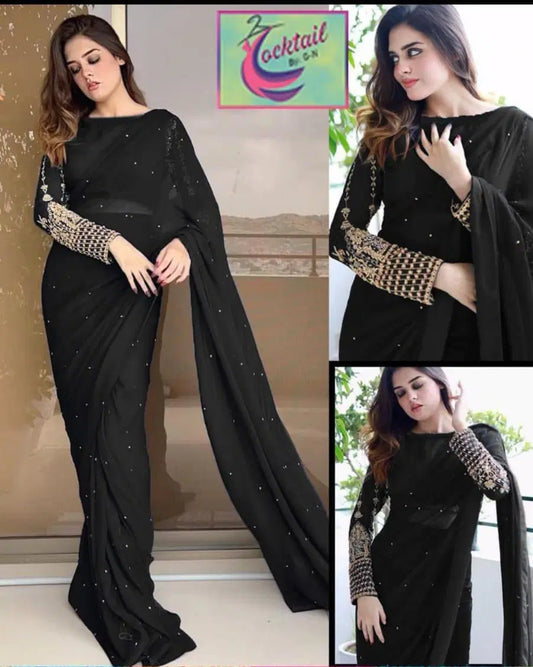 Look Loom black crinkle chiffon saree styled as women suit with embellished cuff sleeves and scattered sequin accents