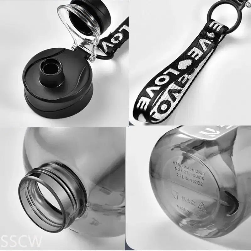 Look Loom 2 liter gym water bottle with black cap and love-themed carrying strap for easy use