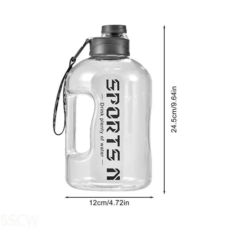 Look Loom 2 liter gym water bottle clear with black cap and handle for easy carrying