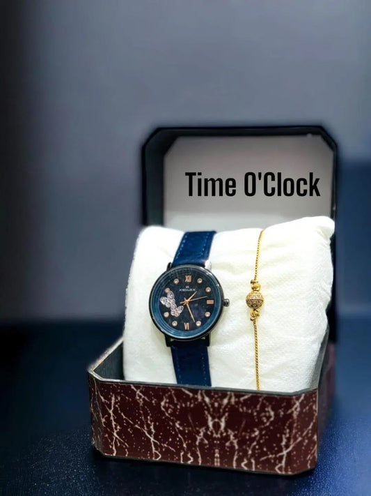 Look Loom ladies watch and bracelet set with blue strap watch and gold bracelet in gift box