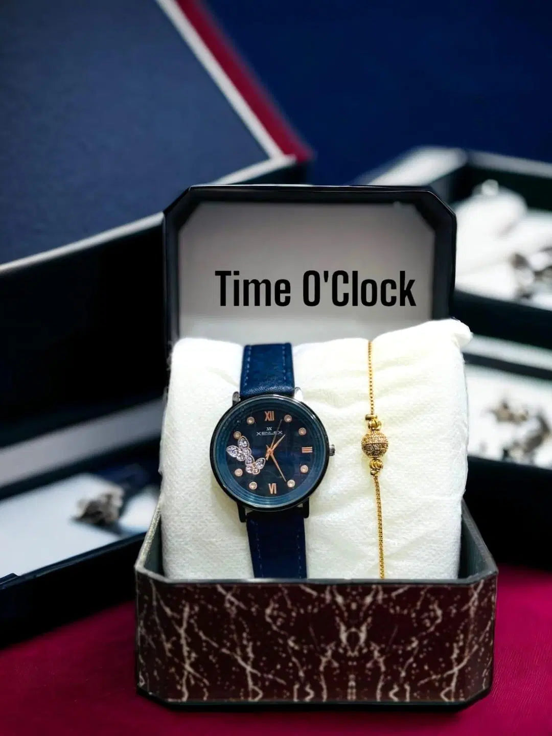 Look loom ladies watch and bracelet set with blue strap and gold bracelet in gift box