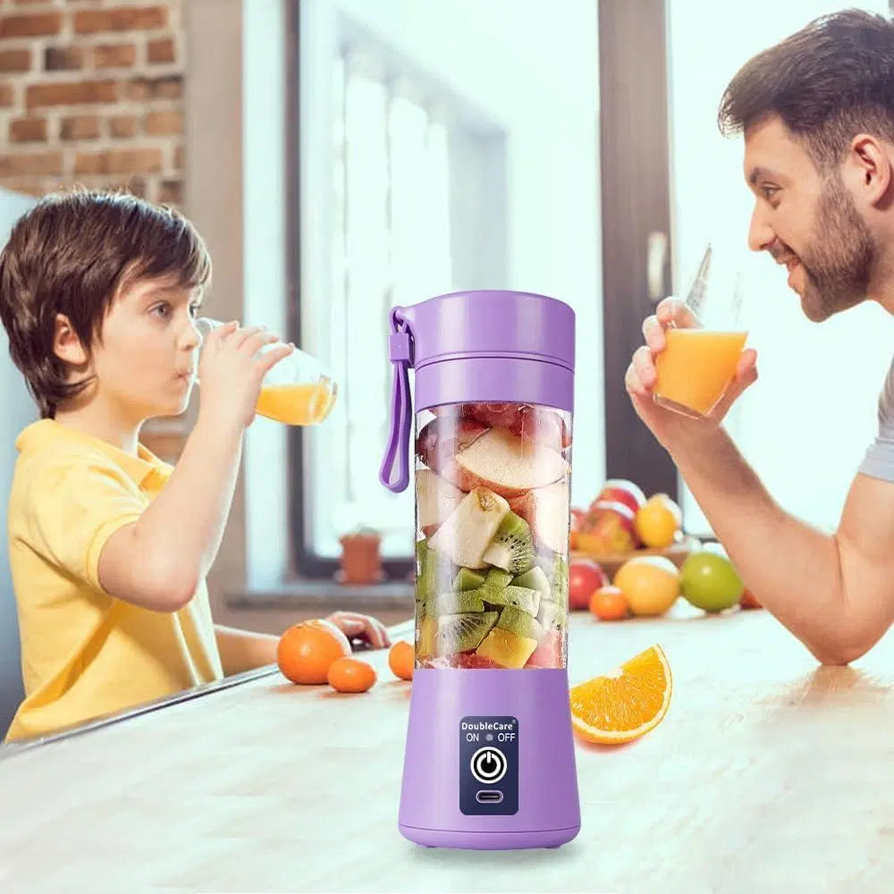 Look Loom portable electric juicer blender in purple with fruit filled cup and family enjoying fresh juice