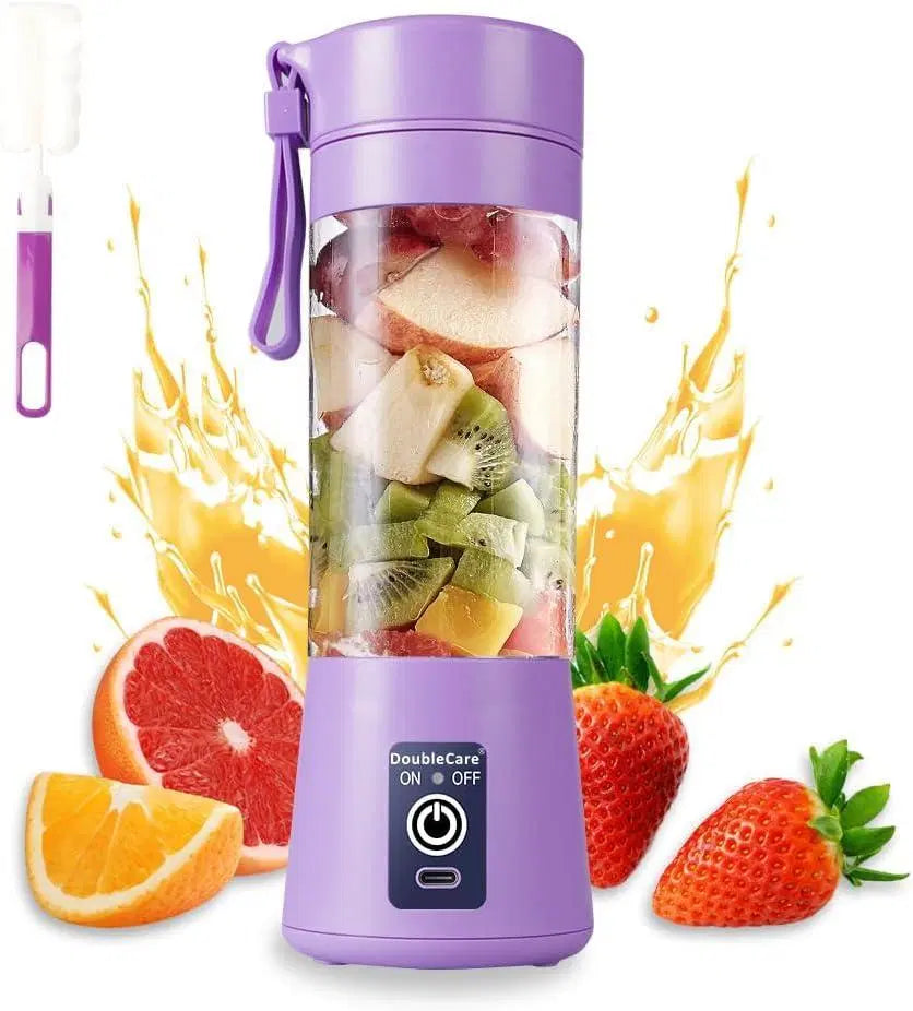 Look Loom purple portable electric juicer blender with fruits inside wrist strap and USB rechargeable base