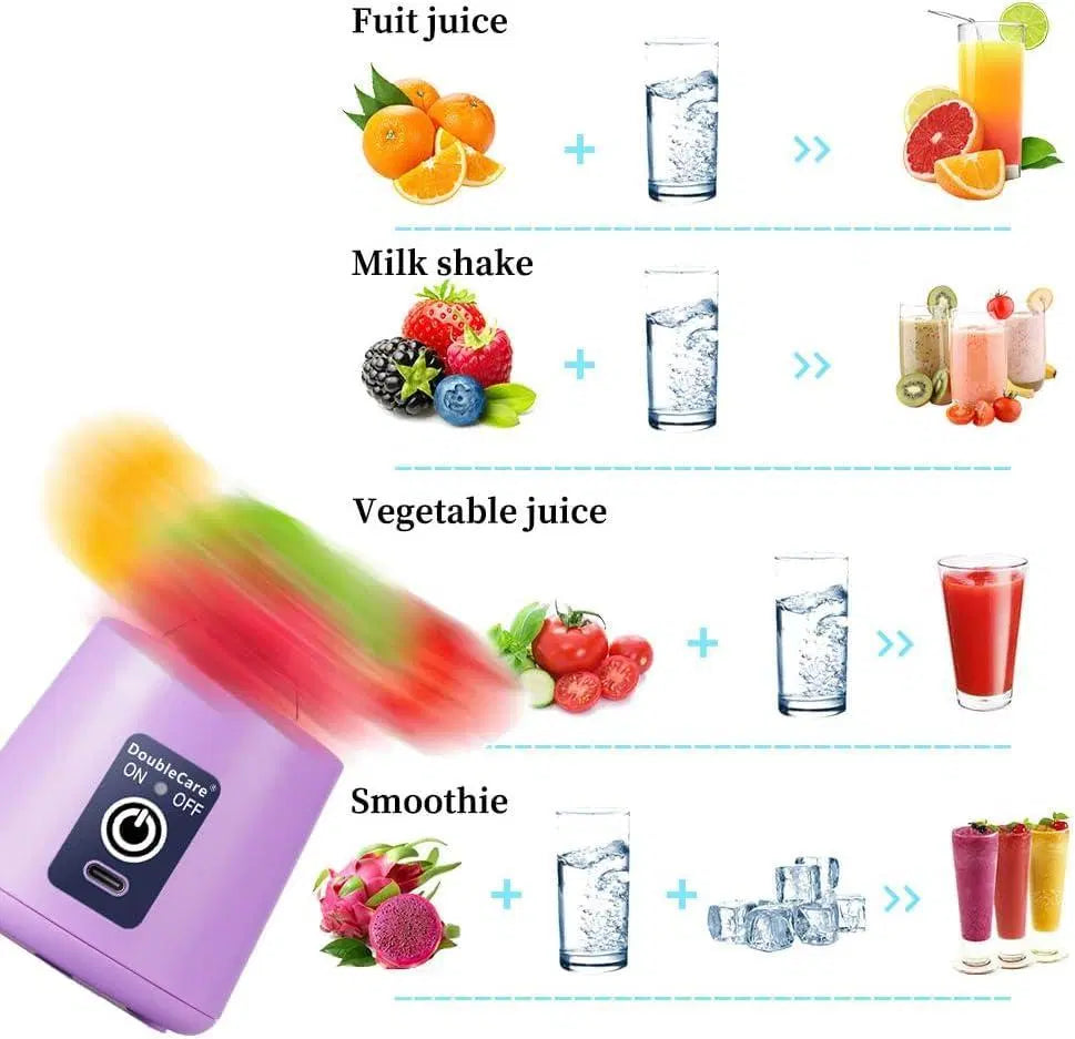 Look Loom purple portable electric juicer blender with fruits and smoothies showing juice milkshake and vegetable drink examples