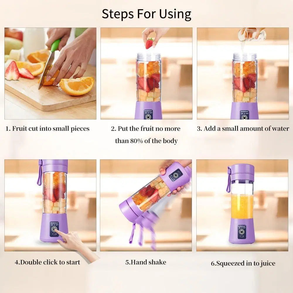 Look Loom portable electric juicer blender purple step by step collage showing fruit prep and blending