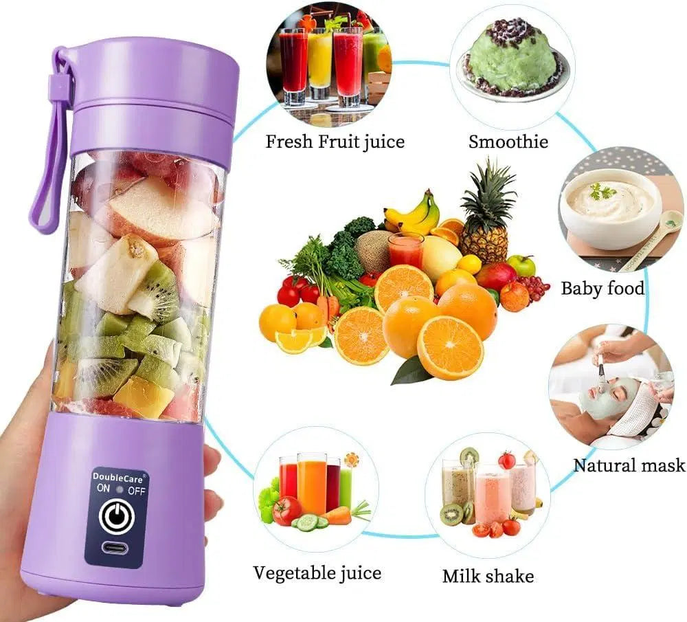 Look Loom purple portable electric juicer blender with USB charging strap and fruit cup for smoothies