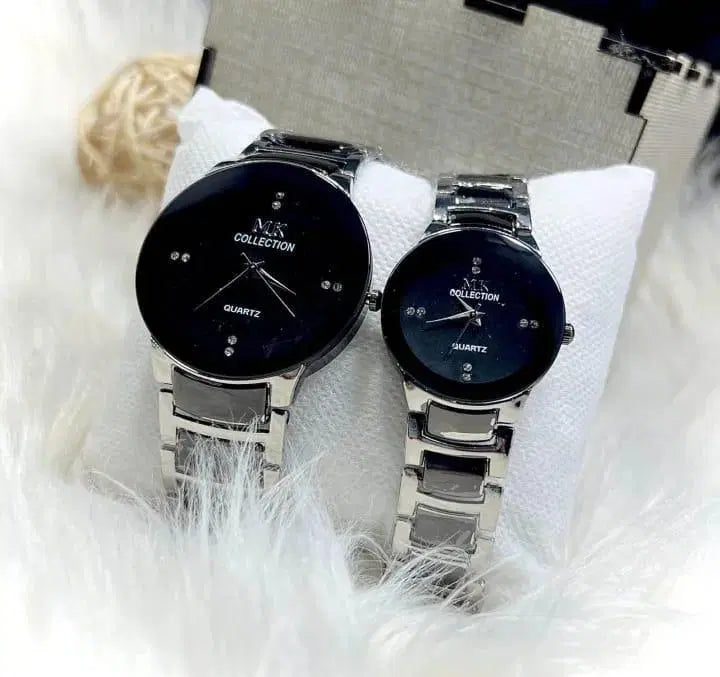 Look loom unisex couple watches set with black dials and silver metal bands displayed on white cushions