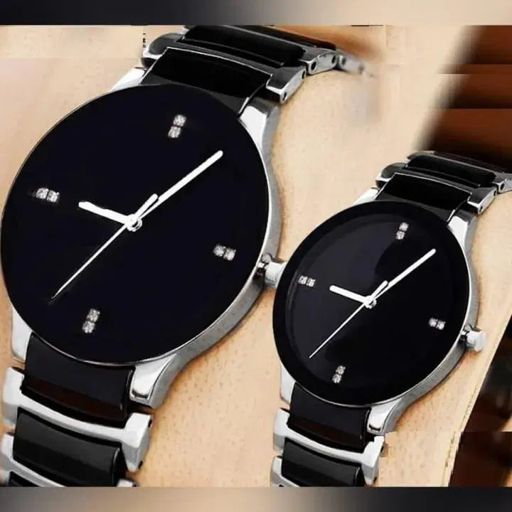 Look loom unisex couple watches set with sleek black dial and silver metal band design