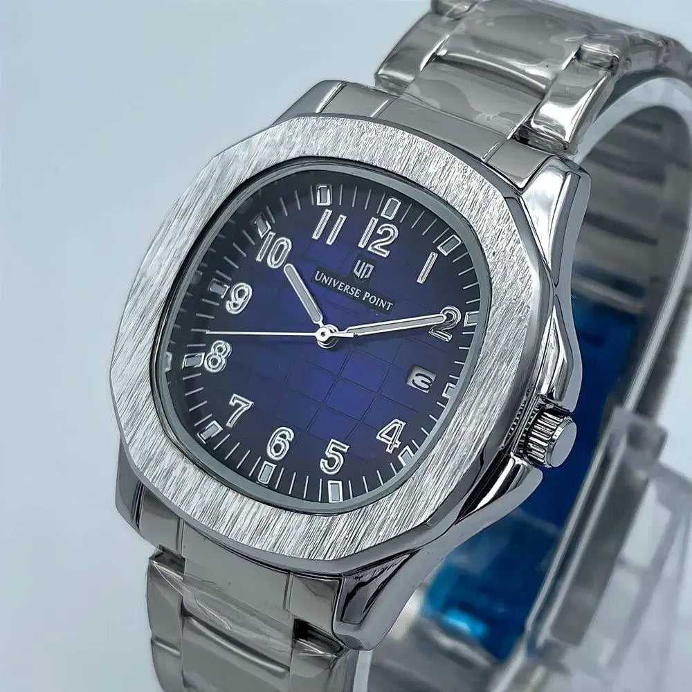 Look Loom men's casual analog watch stainless steel bracelet blue textured dial cushion bezel