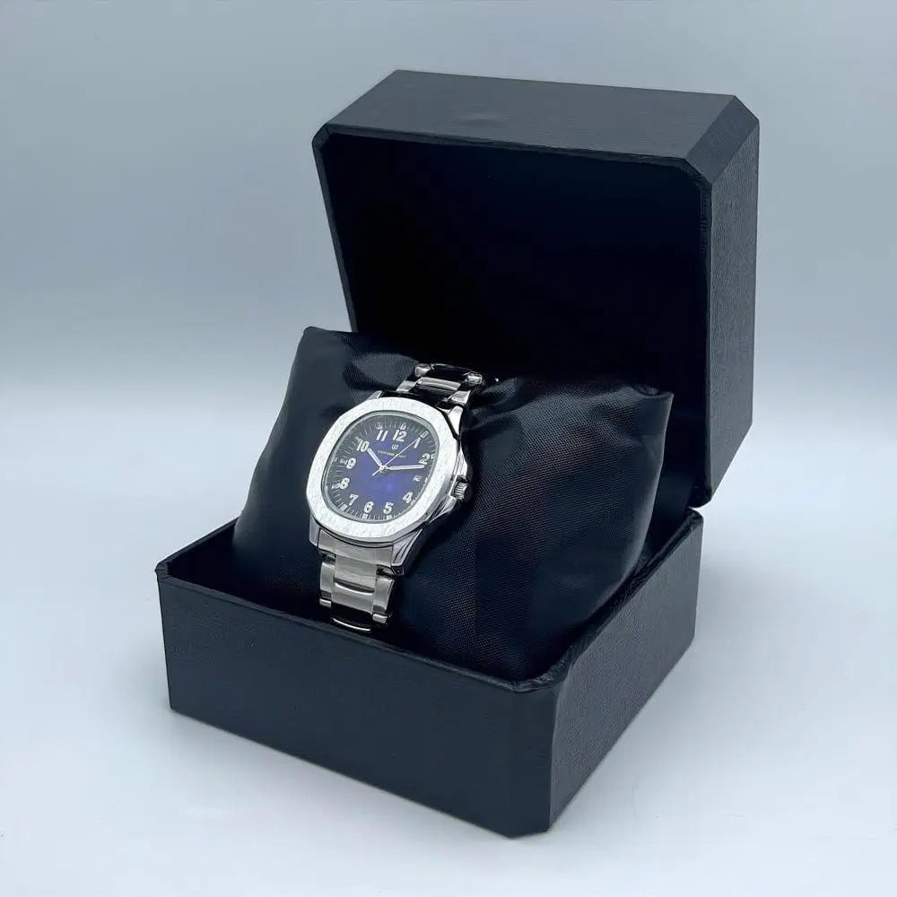 Look Loom men's casual analog watch stainless steel blue dial in black gift box on cushion