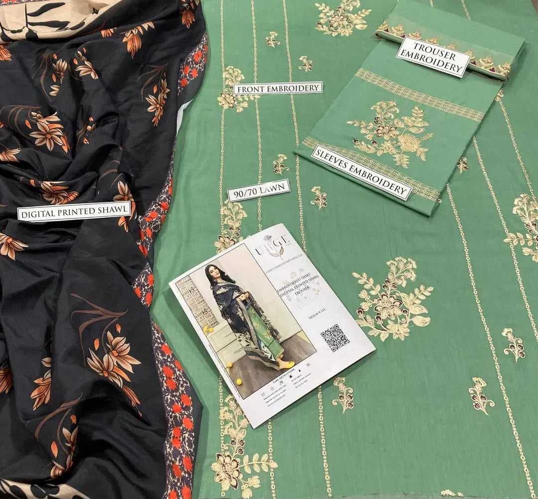 Look loom unstitched embroidered suit for women with green lawn fabric and detailed embroidery pieces
