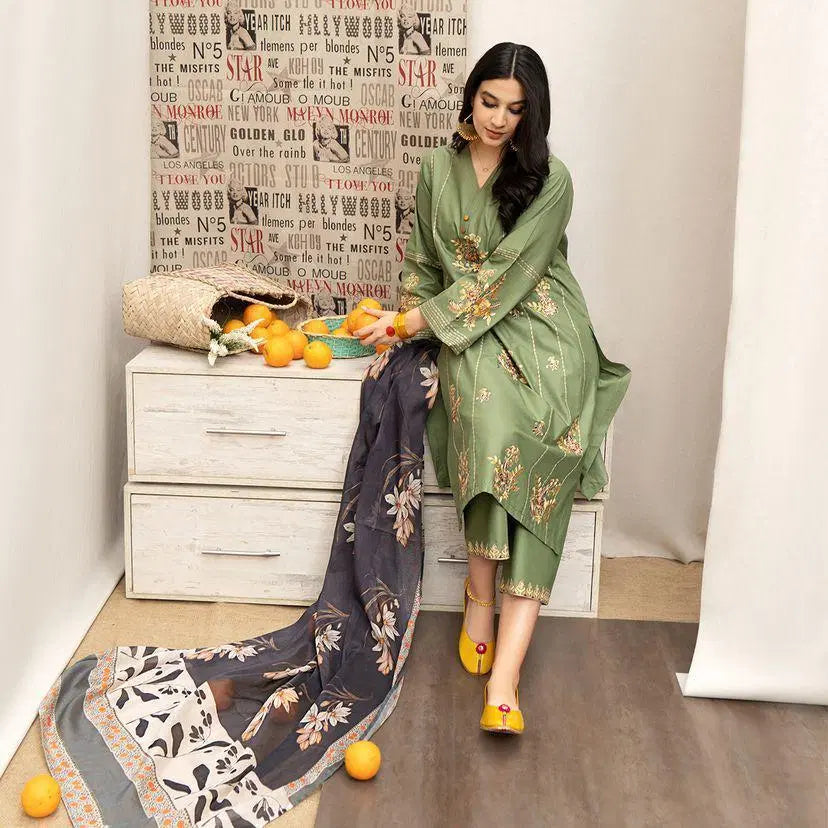 Look loom unstitched embroidered suit for women in green with floral patterns and matching dupatta