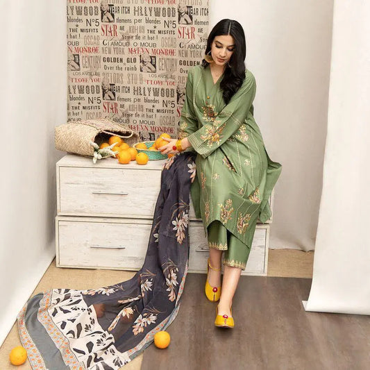 Look loom unstitched embroidered suit for women in green with floral patterns and matching dupatta