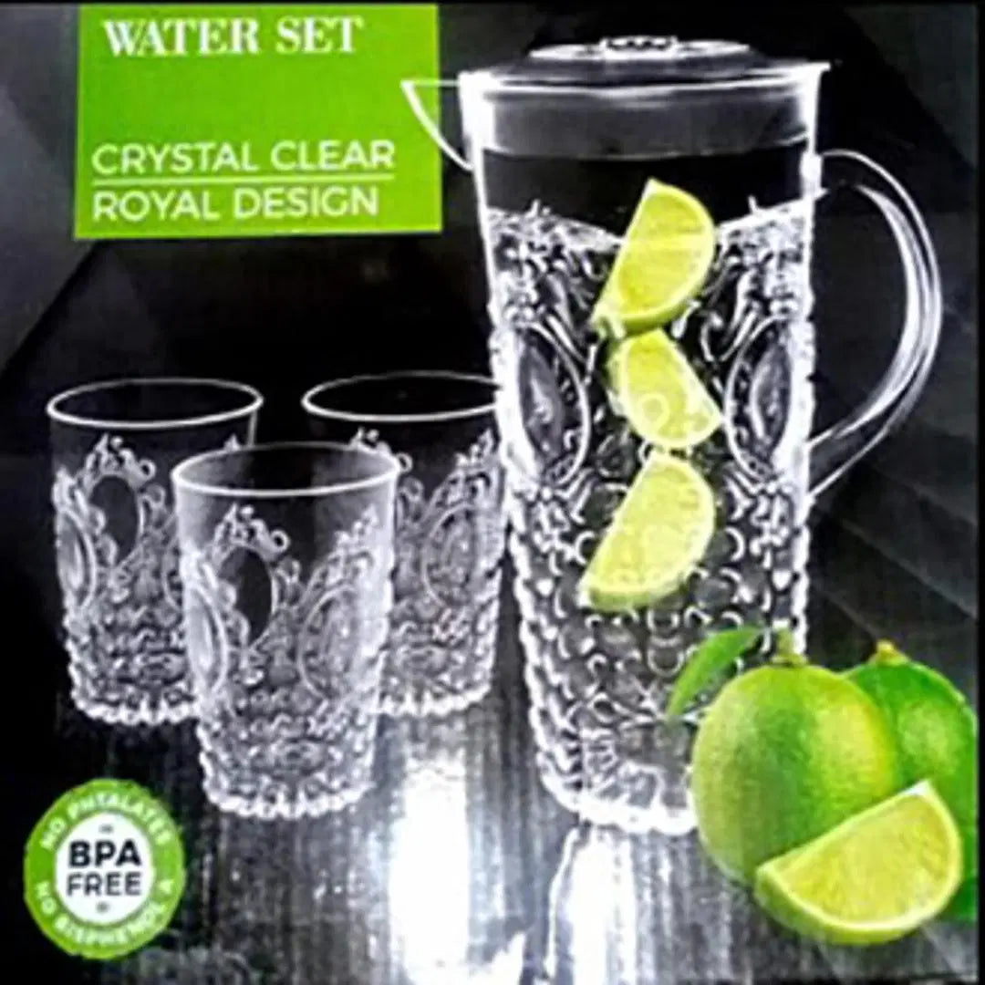 Look Loom crystal glass jug set with textured design including one jug and three matching glasses with lime slices
