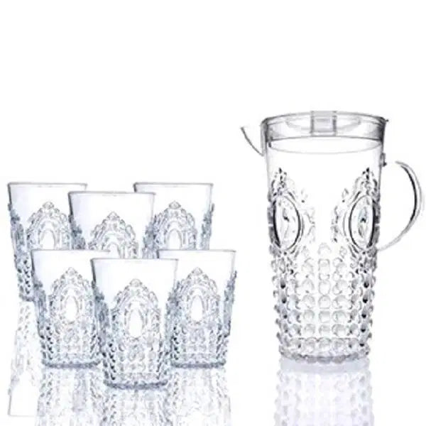 Look Loom crystal glass jug set with intricate patterns including one jug and six matching glasses