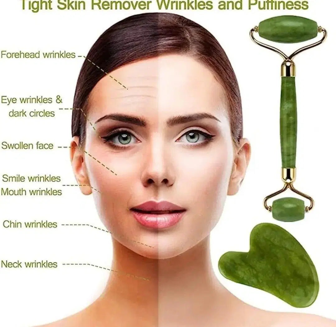 Look Loom waterproof jade roller and gua sha tool next to woman's face showing reduced wrinkles and puffiness