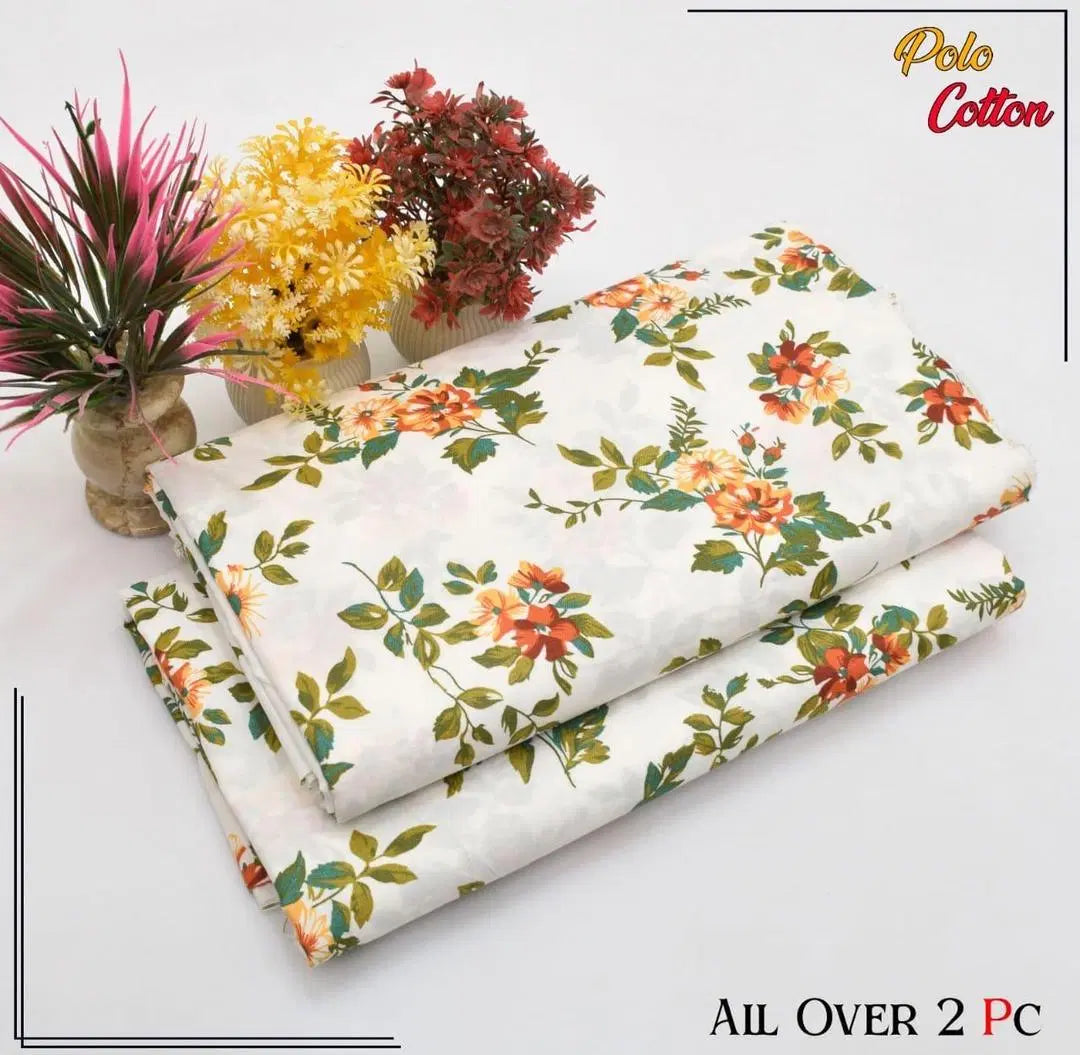 Look loom women's unstitched suit set in white fabric with orange floral print made of Polo cotton